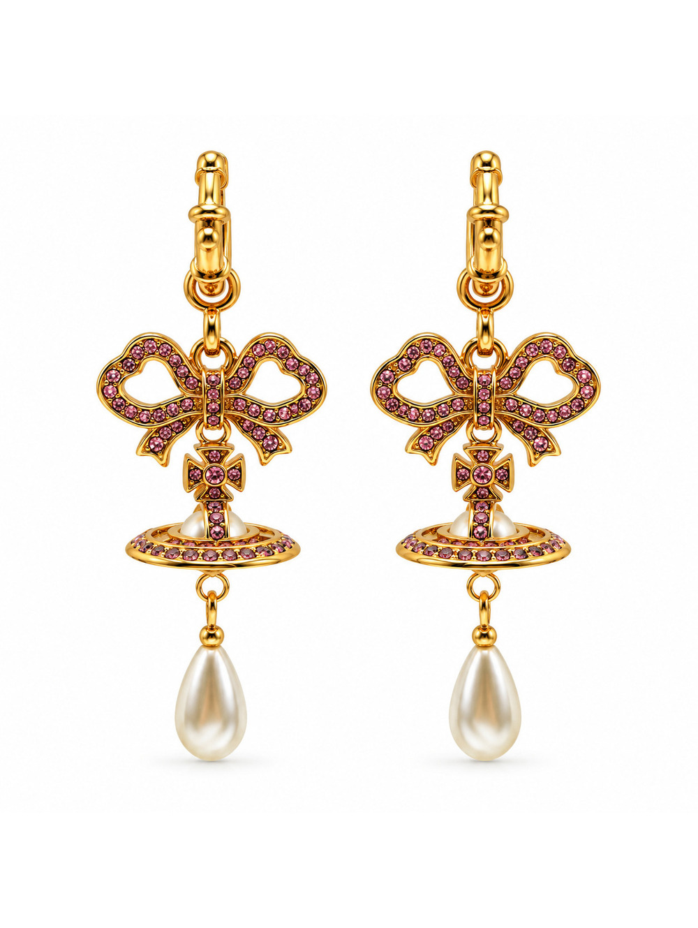 Vivienne Westwood Rigoberta Pearl Bow Orb Drop Earrings – Gold / Pink